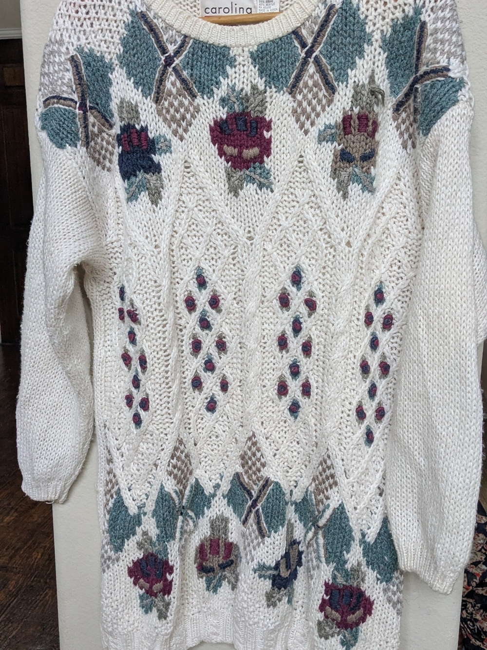 Carolina Cream Cable-Knit Floral Crew Sweater